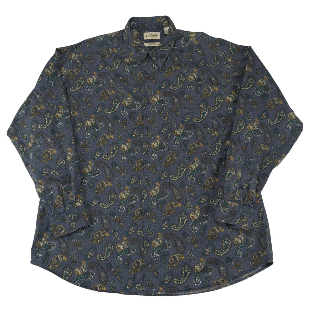 TGI Friday's Mens XL Blue‎ Paisley Cotton Long Sleeve Button Up Shirt Vintage